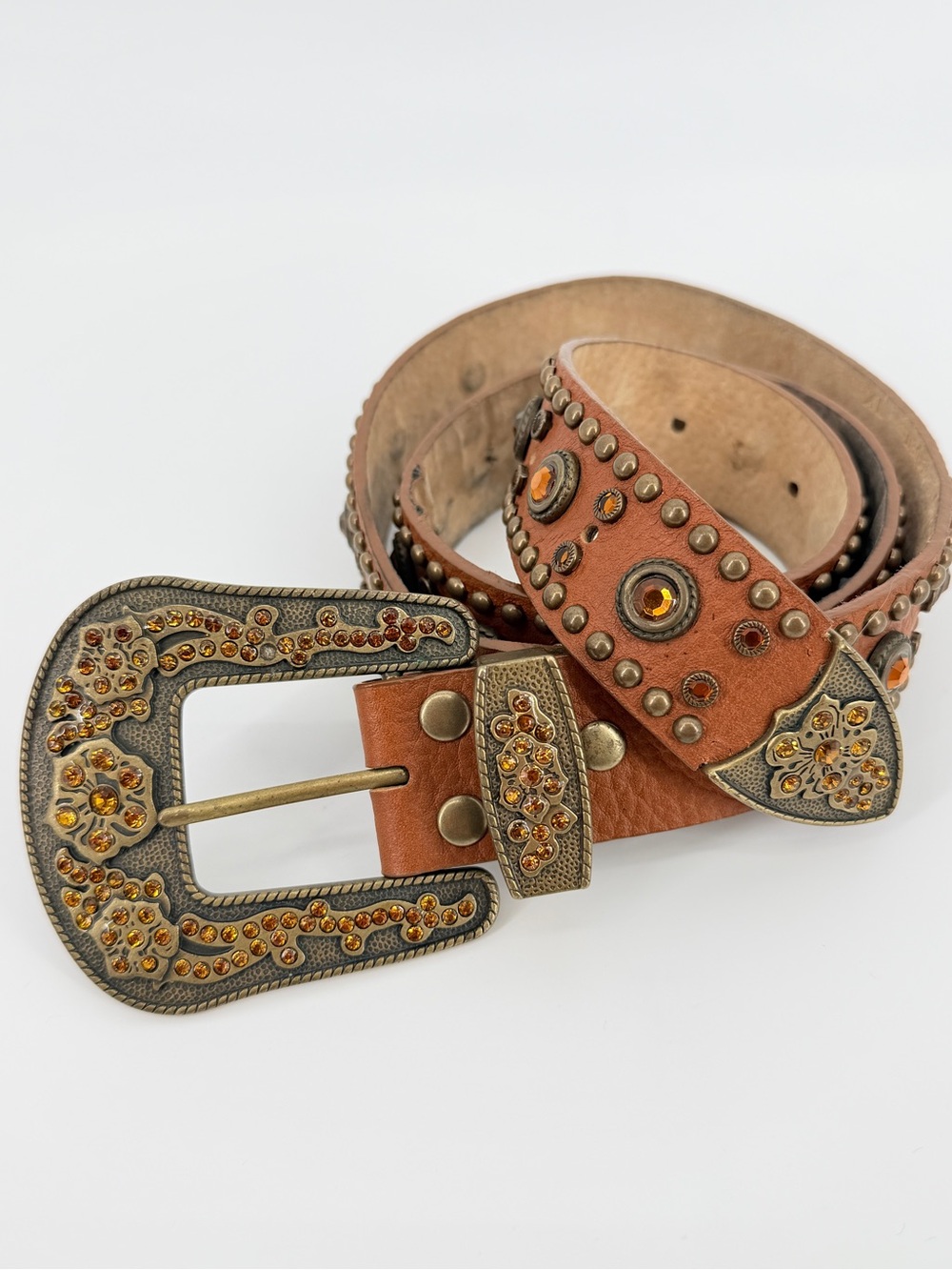 VTG Y2K Studded Western Women Belt XL Amber Accents Bronze 100% Italian Leather